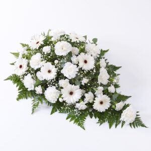 White Carnation & Germini Funeral Teardrop Spray