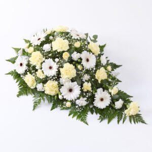 Yellow & White Carnation & Germini Funeral Teardrop Spray