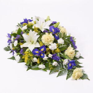 Lemon & Blue Lily & Iris Funeral Teardrop Spray